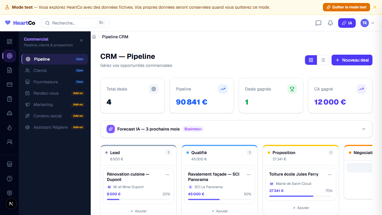 Pipeline CRM HeartCo avec opportunités fictives